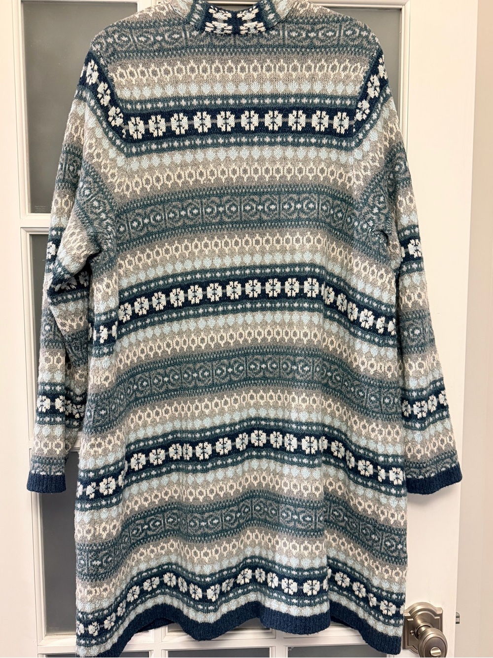 J. Jill Fair Isle Nordic Long Line Cardigan in Teal, Cream, Gray W/ Pockets - Picture 8 of 10
